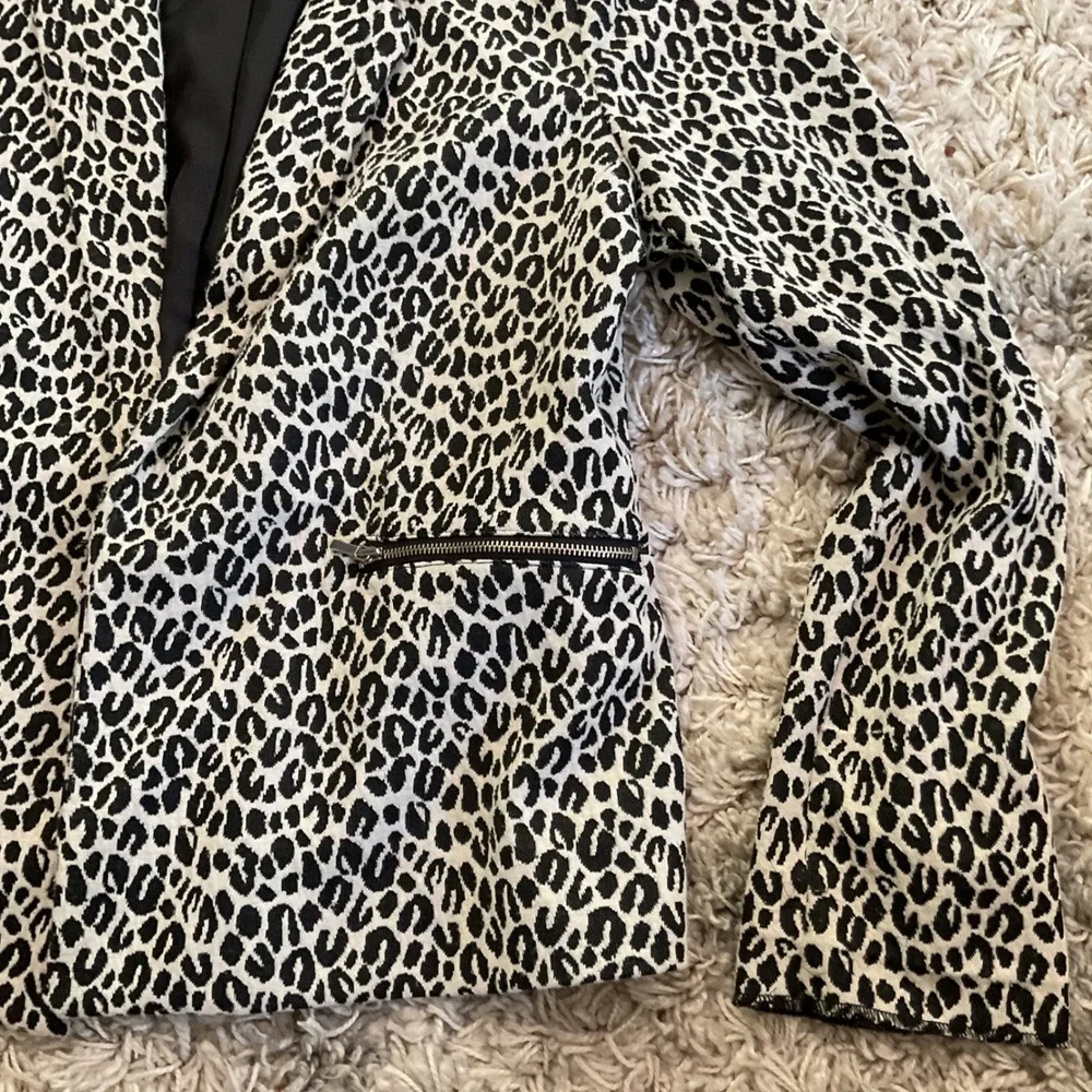 Notations‎ Petite Womens Leopard Print Blazer Black White Zipper Pockets PL